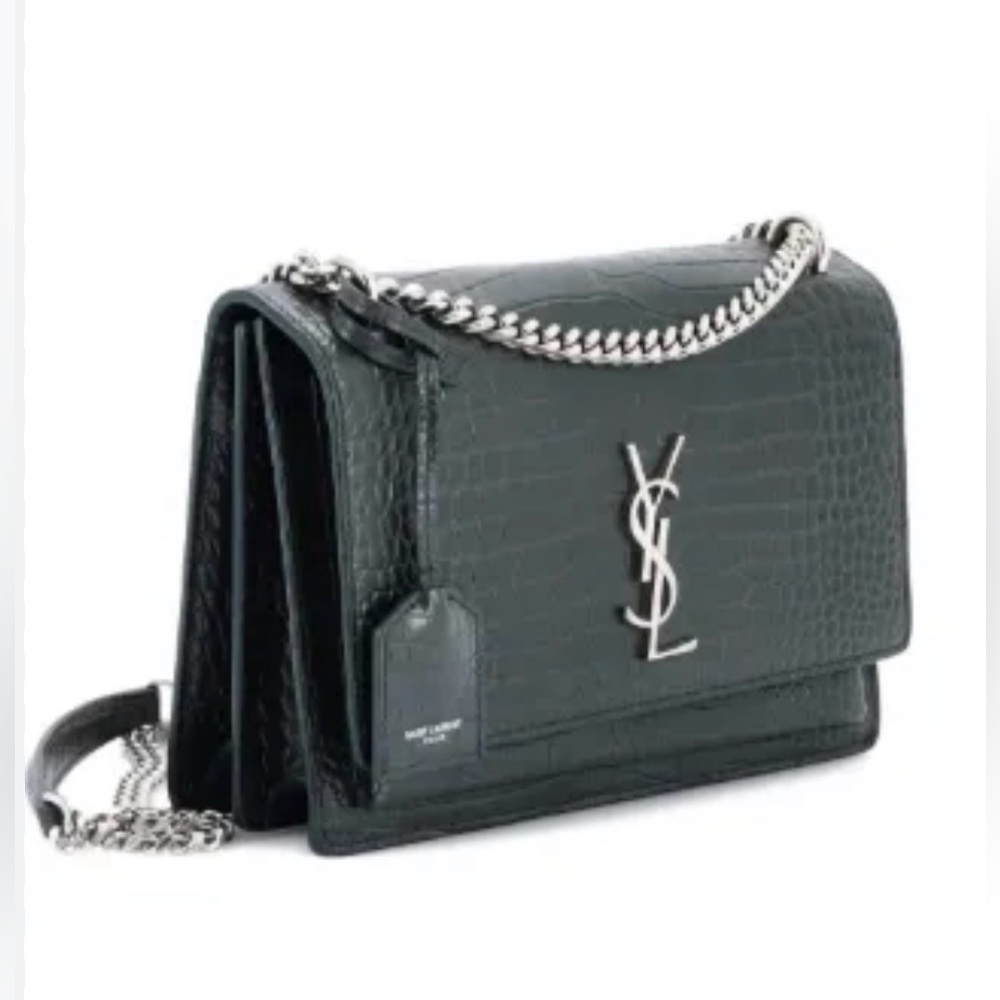 Saint Laurent Sunset Medium YSL Crossbody Bag Croc Embossed Leather Dark Green